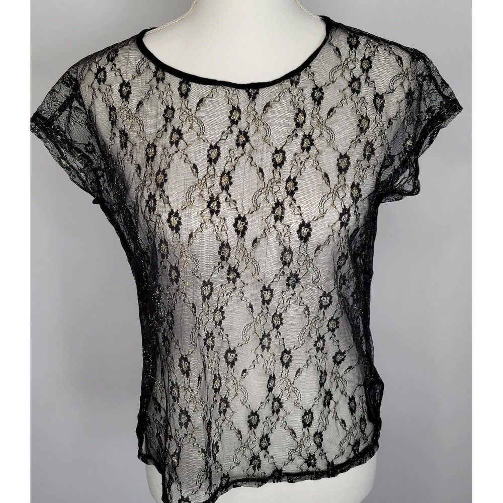 Whimsigoth Grunge Black Gold Lace Sheer‎ Mesh Layering Top Forever 21 Small